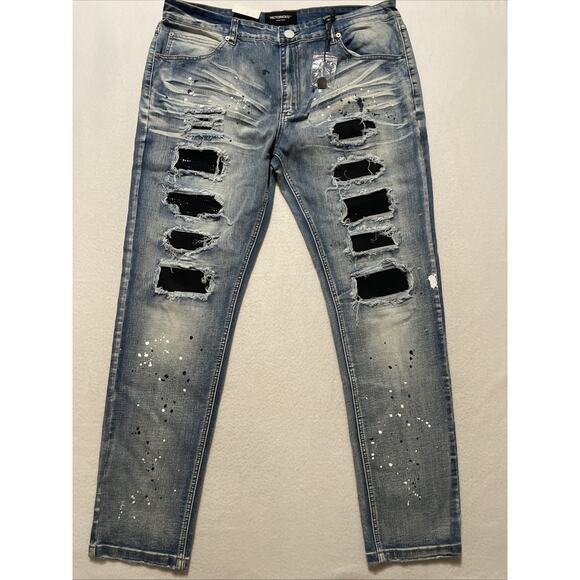Victorious Jeans Ripped Rhinestone Skinny Leg Y2K Splatter Skater 38x32 Men NWT - Picture 1 of 7